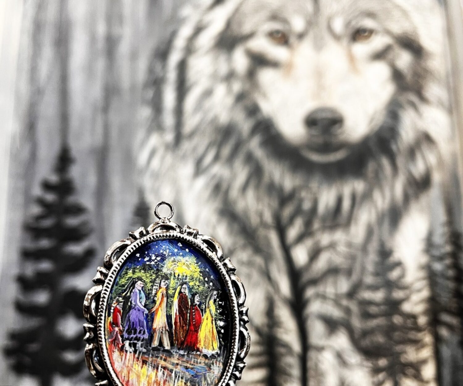 Advertising for our Mini/Massive art show. Shows a mini painting of women walking dressed in bright colors in front of a very large painting of a wolf in grays
