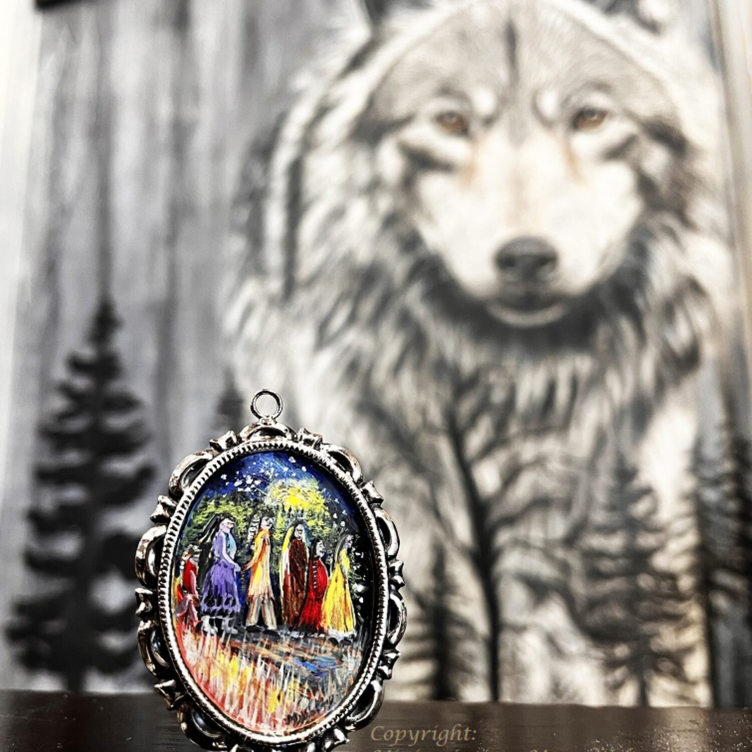 Advertising for our Mini/Massive art show. Shows a mini painting of women walking dressed in bright colors in front of a very large painting of a wolf in grays