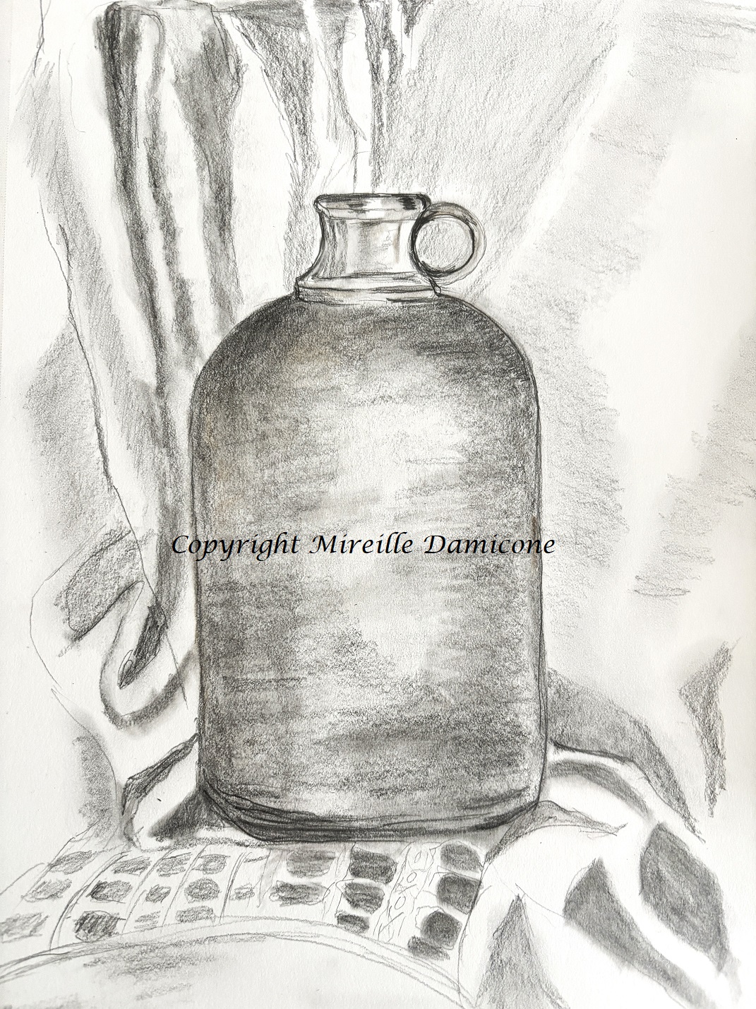 graphite drawing of a jug and drape behind it. Image of what will be drawn in the class